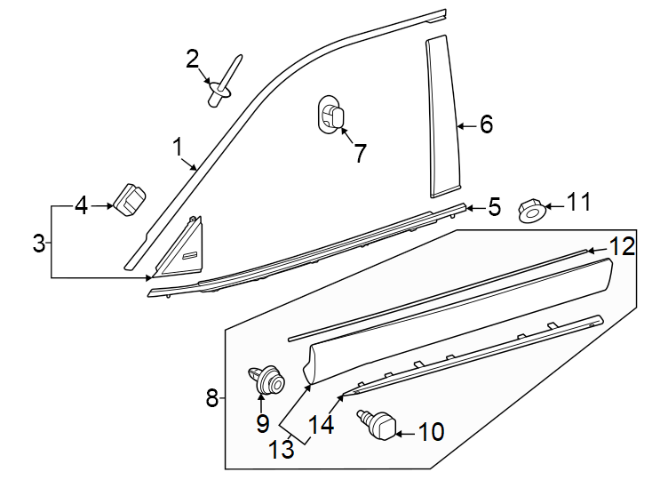 Diagram Front door. Exterior trim. for your 2017 Toyota Avalon  Hybrid XLE Premium Sedan 