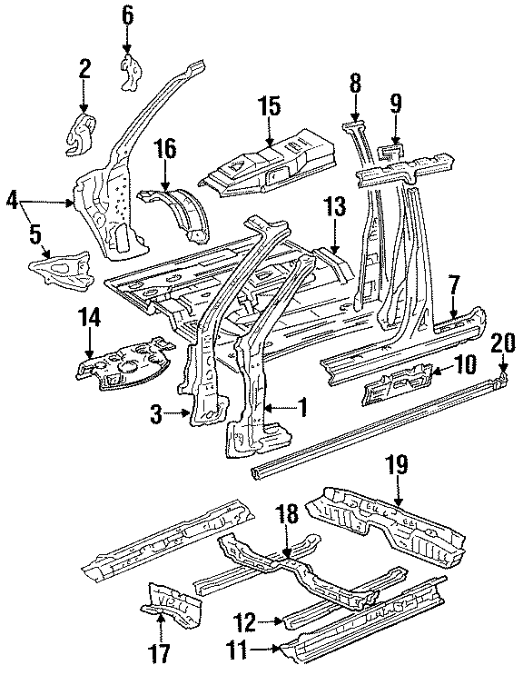 Diagram PILLARS. ROCKER & FLOOR. CENTER PILLAR & ROCKER. EXTERIOR TRIM. HINGE PILLAR. for your 1992 Toyota Camry 3.0L V6 A/T LE WAGON 