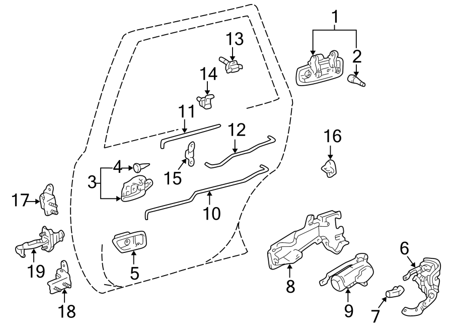 Diagram Rear door. Lock & hardware. for your 2012 Toyota Tacoma  X-Runner Extended Cab Pickup Fleetside 