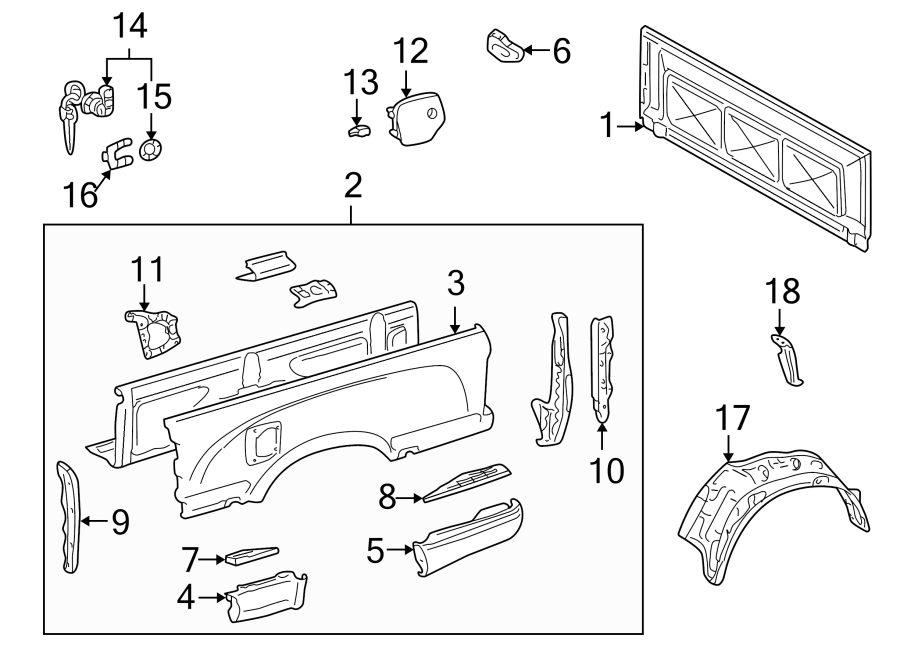 Diagram Pick up box. Front & side panels. for your 2019 Toyota Tacoma  TRD Sport Extended Cab Pickup Fleetside 