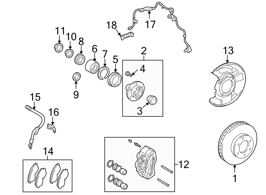 Diagram FRONT SUSPENSION. BRAKE COMPONENTS. for your 2014 Toyota Tundra 4.6L V8 A/T 4WD SR Standard Cab Pickup Fleetside 