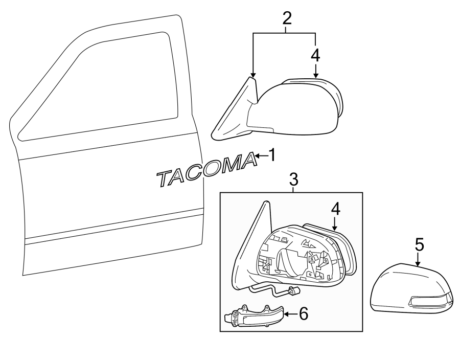 Diagram FRONT DOOR. EXTERIOR TRIM. OUTSIDE MIRRORS. for your 2002 Toyota Tundra   