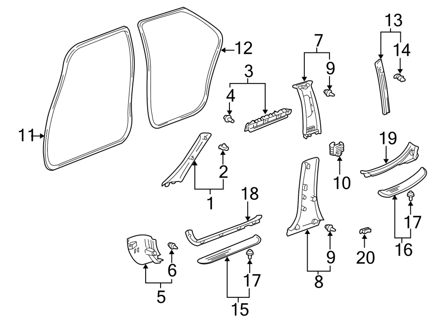 Diagram PILLARS. ROCKER & FLOOR. INTERIOR TRIM. for your 2017 Toyota Avalon  Hybrid Limited Sedan 