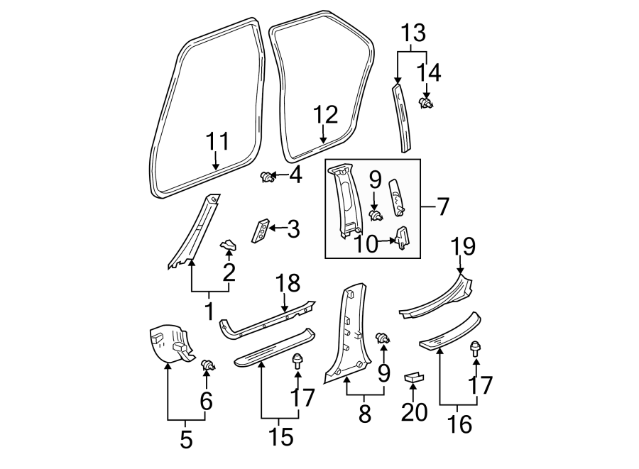 Diagram PILLARS. ROCKER & FLOOR. INTERIOR TRIM. for your 2002 Toyota Camry  XLE SEDAN 