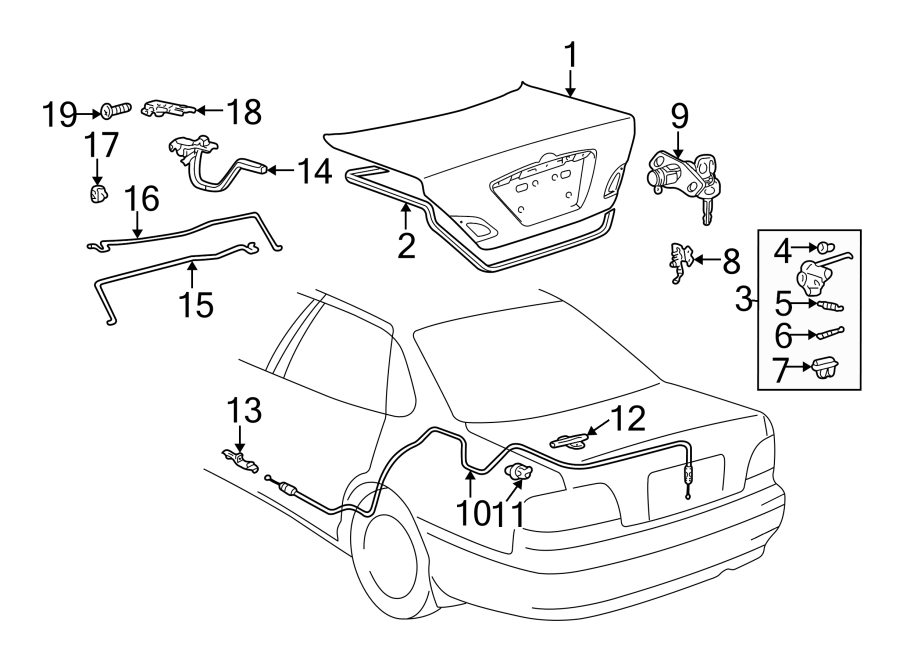 Diagram TRUNK LID. LID & COMPONENTS. for your 1996 Toyota Camry 2.2L A/T LE SEDAN 