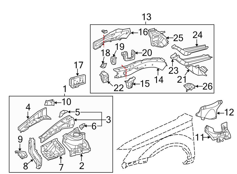 Diagram FENDER. STRUCTURAL COMPONENTS & RAILS. for your 2012 Toyota Avalon  Base Sedan 