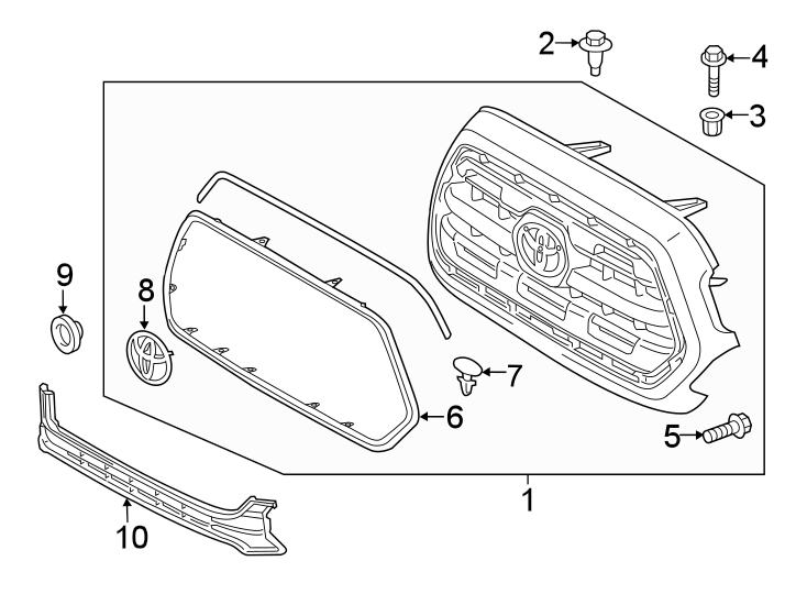 Diagram GRILLE & COMPONENTS. for your 2003 Toyota Tacoma 2.7L A/T 4WD Base Standard Cab Pickup Stepside 