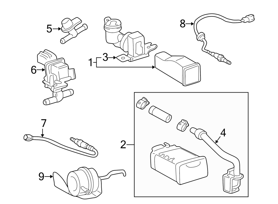 Diagram EMISSION SYSTEM. EMISSION COMPONENTS. for your 2020 Toyota Prius 1.8L FULL HYBRID EV-GAS (FHEV) CVT LE Hatchback 