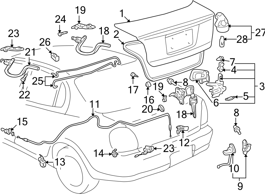 Diagram TRUNK LID. LID & COMPONENTS. for your 2001 Toyota Highlander   