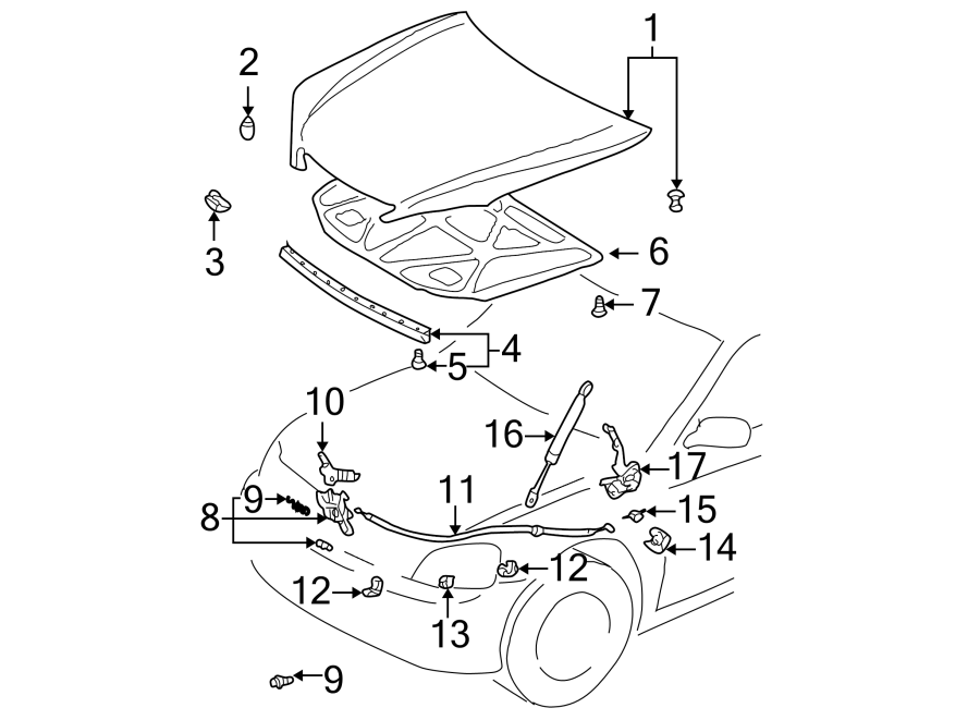 Diagram HOOD & GRILLE. HOOD & COMPONENTS. for your 2002 Toyota Camry   