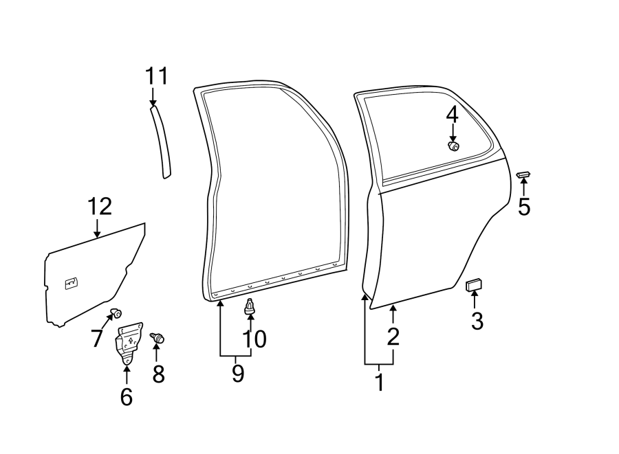 Diagram REAR DOOR. DOOR & COMPONENTS. for your 2021 Toyota Sienna 2.5L FULL HYBRID EV-GAS (FHEV) CVT AWD Limited Mini Passenger Van 