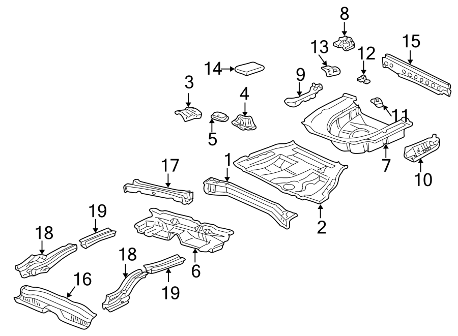 Diagram REAR BODY & FLOOR. FLOOR & RAILS. for your 2014 Toyota Camry   