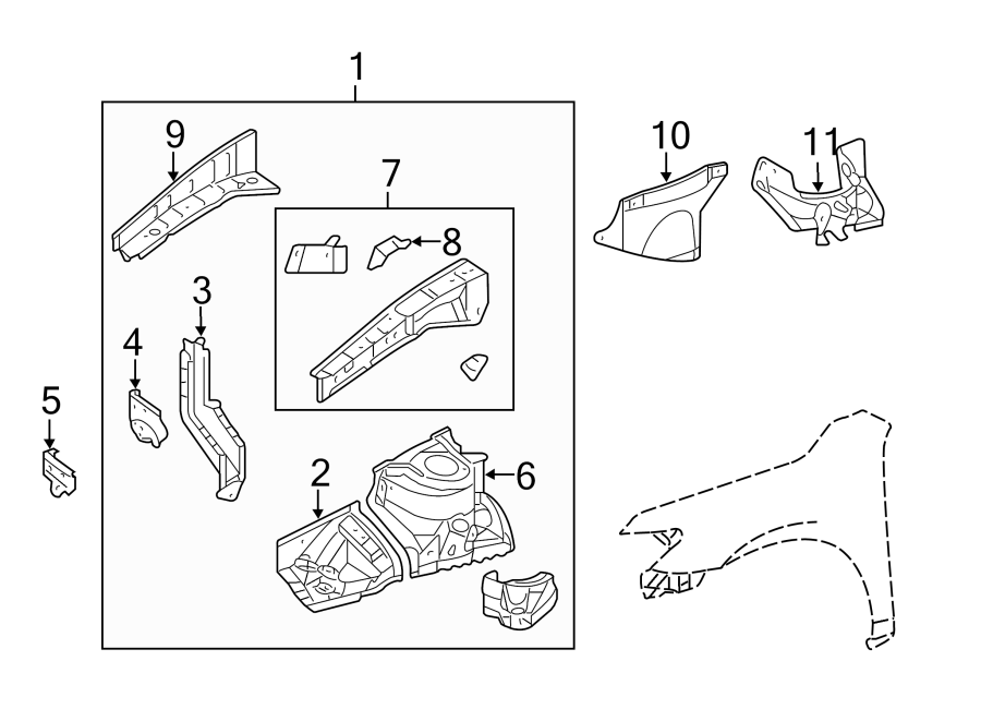 Diagram FENDER. STRUCTURAL COMPONENTS & RAILS. for your 2005 Toyota Avalon  Touring Sedan 