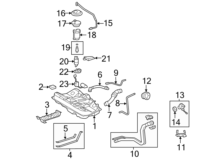 Diagram Fuel system components. for your 2023 Toyota Tacoma 3.5L V6 A/T RWD SR5 Crew Cab Pickup Fleetside 