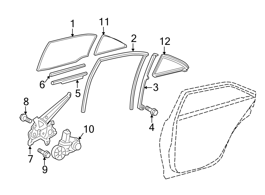 Diagram REAR DOOR. GLASS & HARDWARE. for your 2011 Toyota Tacoma 2.7L M/T 4WD Base Crew Cab Pickup Fleetside 