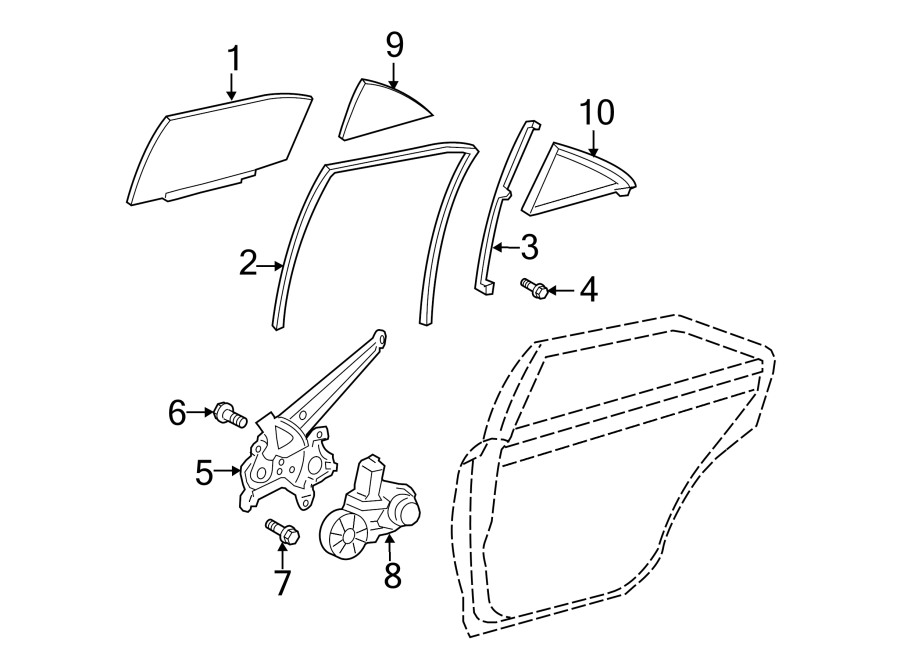 Diagram REAR DOOR. GLASS & HARDWARE. for your 2011 Toyota Tacoma 2.7L M/T 4WD Base Crew Cab Pickup Fleetside 