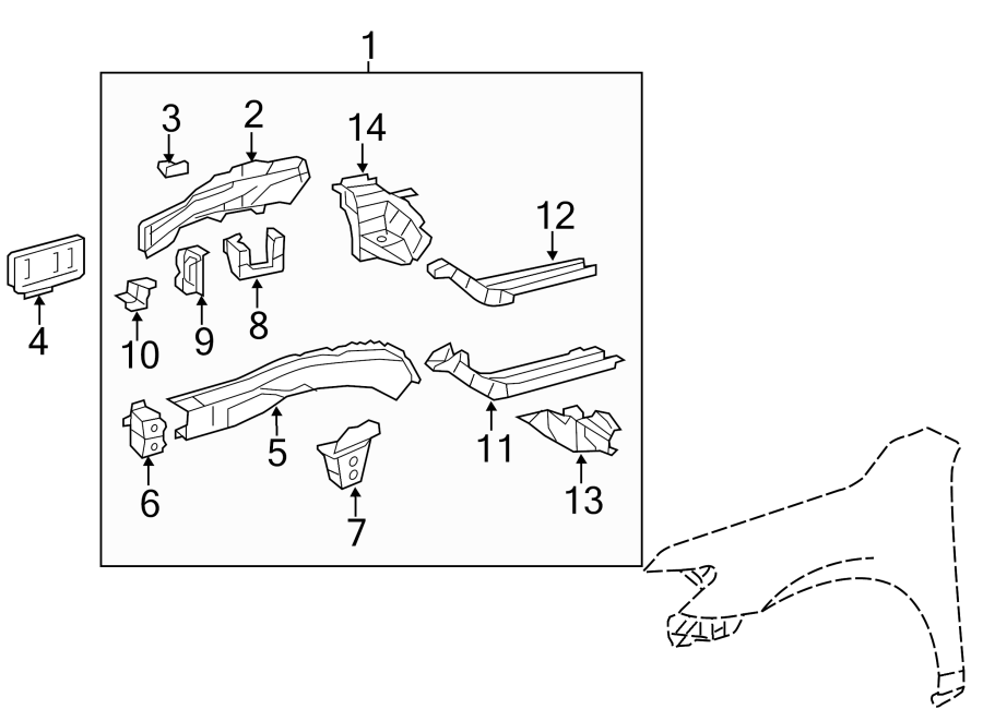 Diagram FENDER. STRUCTURAL COMPONENTS & RAILS. for your 1998 Toyota Avalon  XL Sedan 