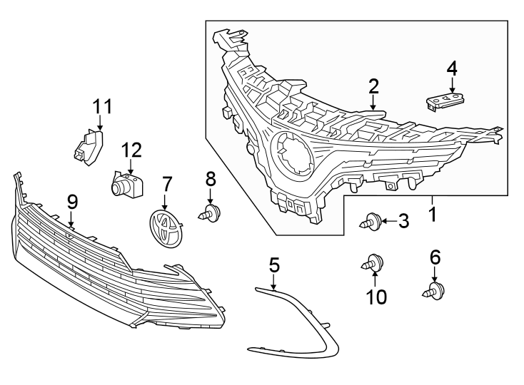 Diagram Front bumper & grille. Grille & components. for your 2021 Toyota Prius Prime  XLE Hatchback 