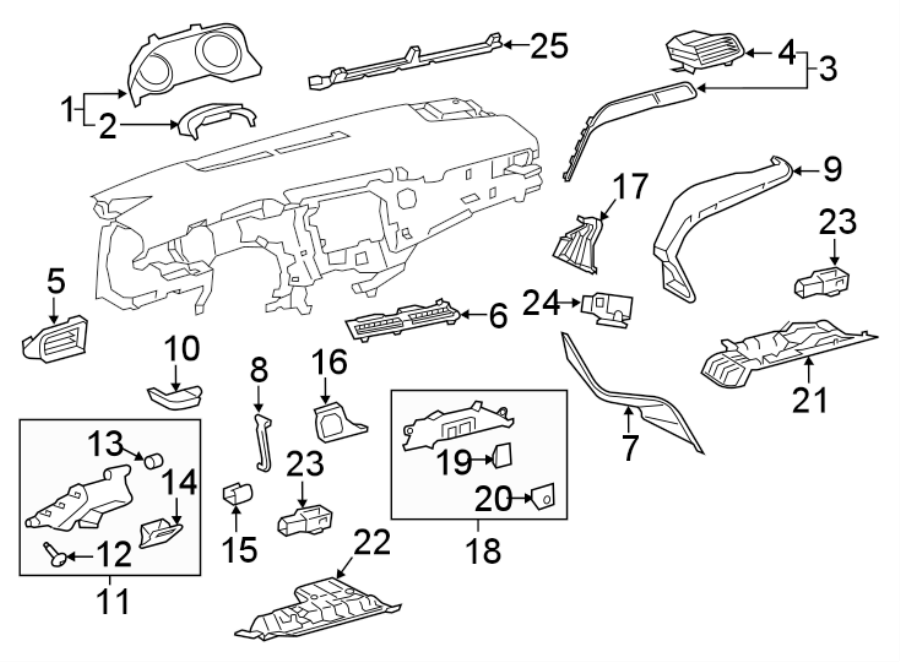 Diagram INSTRUMENT PANEL COMPONENTS. for your 2022 Toyota Camry 2.5L A/T FWD SE Nightshade Sedan 