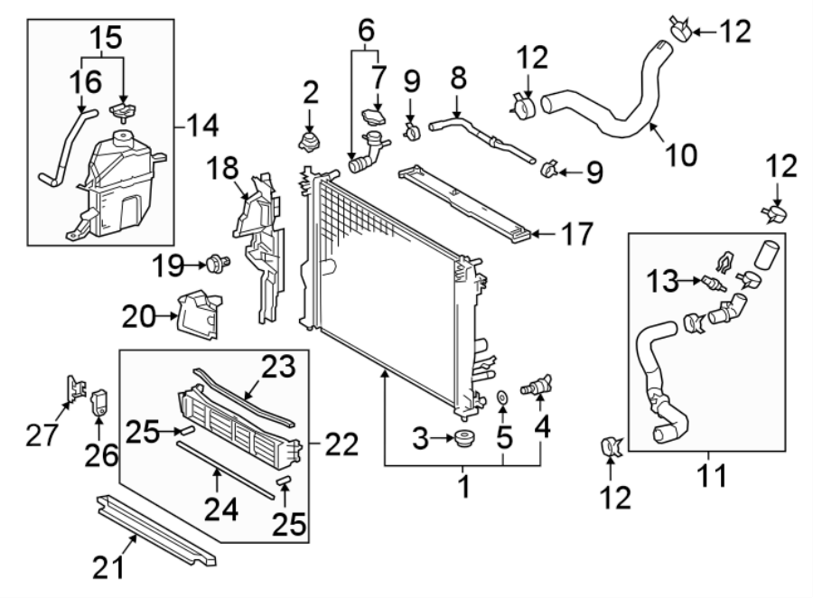 Diagram Radiator & components. for your 2011 Toyota Tundra 5.7L i-Force V8 FLEX A/T 4WD SR5 Extended Cab Pickup Fleetside 