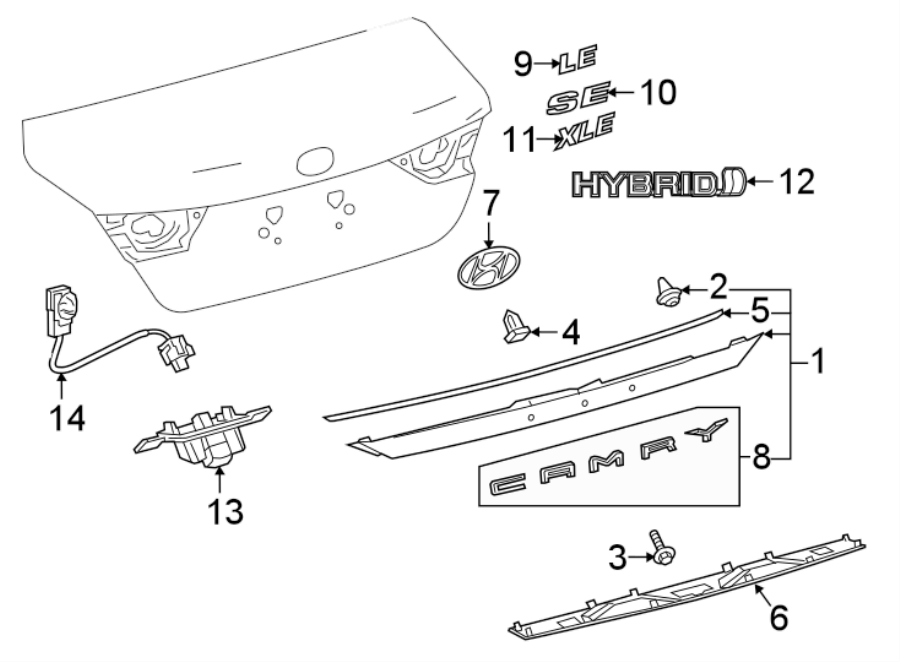 Diagram Trunk lid. Exterior trim. for your 2020 Toyota Highlander  Hybrid XLE Sport Utility 