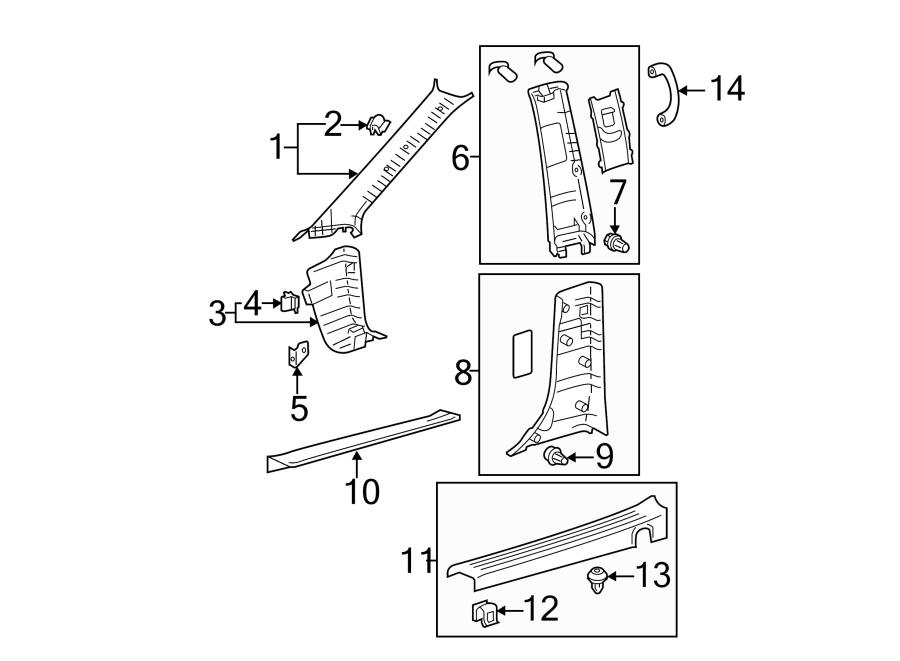 Diagram PILLARS. ROCKER & FLOOR. INTERIOR TRIM. for your 2012 Toyota Sienna 2.7L A/T FWD Base Mini Cargo Van 