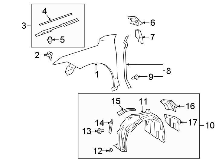 Diagram FENDER & COMPONENTS. for your 2021 Toyota RAV4  Hybrid XSE Sport Utility 