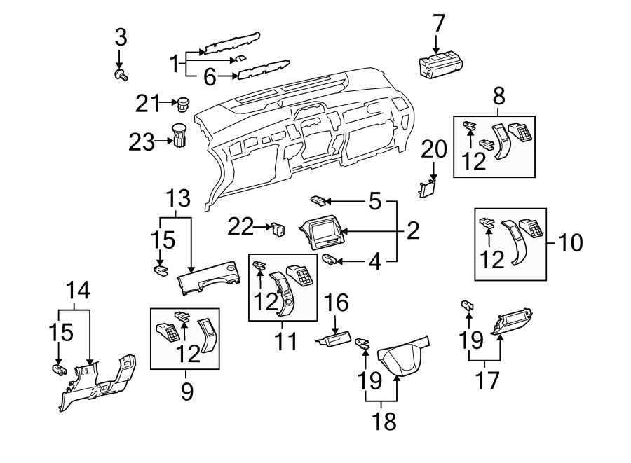 Diagram INSTRUMENT PANEL COMPONENTS. for your 2012 Toyota Highlander   