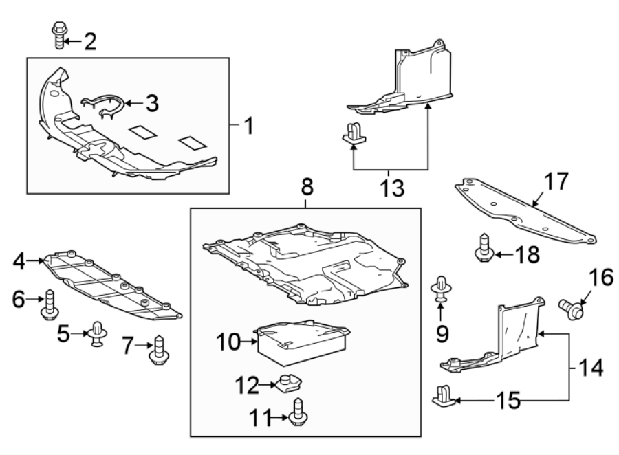 Diagram RADIATOR SUPPORT. SPLASH SHIELDS. for your 2021 Toyota Sienna 2.5L FULL HYBRID EV-GAS (FHEV) CVT AWD Limited Mini Passenger Van 