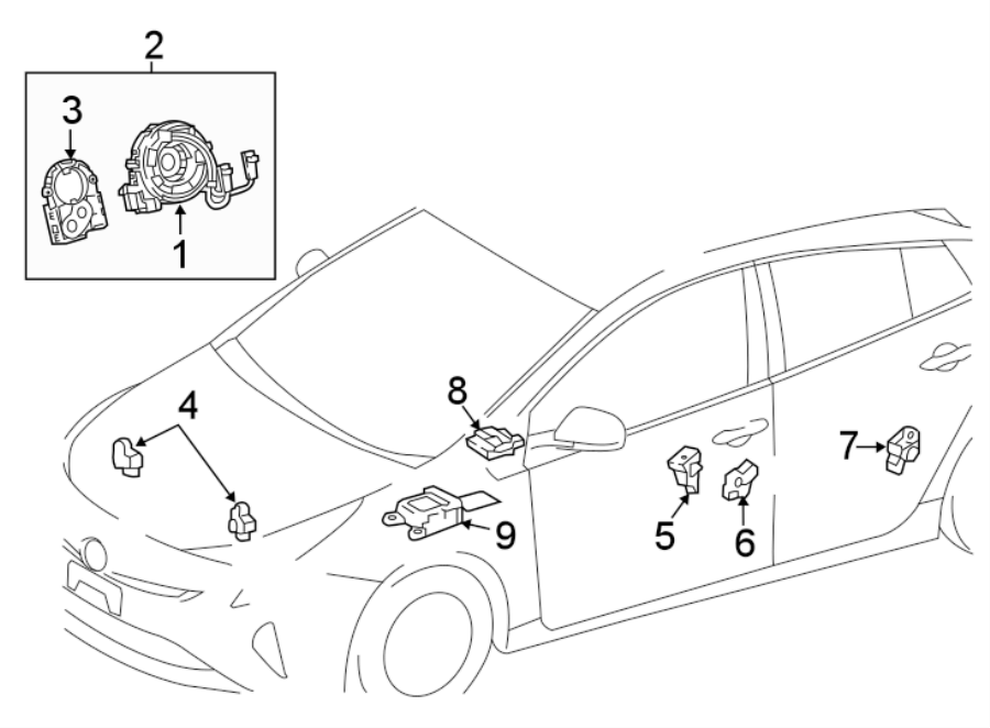 Diagram RESTRAINT SYSTEMS. AIR BAG COMPONENTS. for your 2020 Toyota Prius Prime  LE Hatchback 