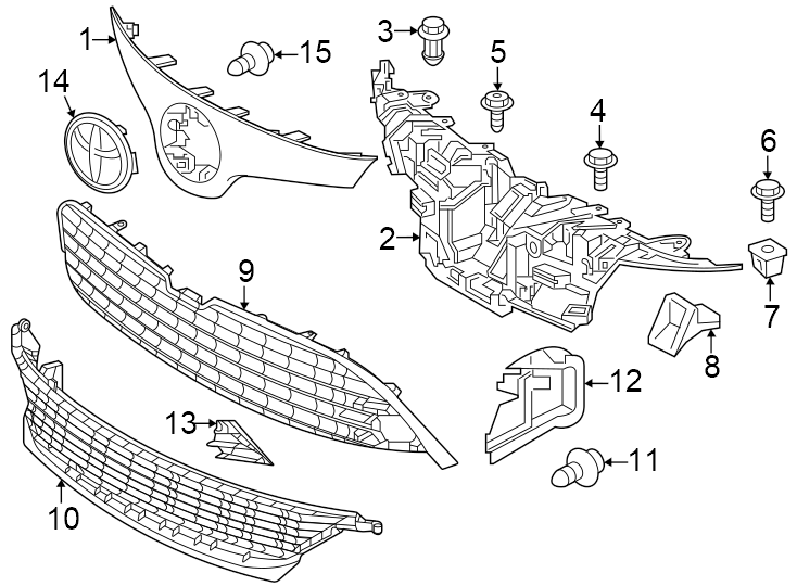 Diagram Front bumper & grille. Grille & components. for your Toyota