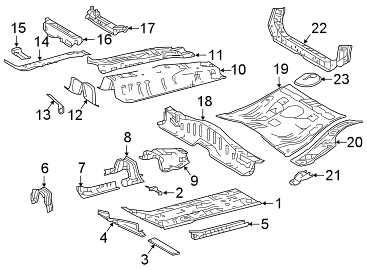 Diagram PILLARS. ROCKER & FLOOR. FLOOR & RAILS. for your 2021 Toyota Corolla  LE SEDAN 