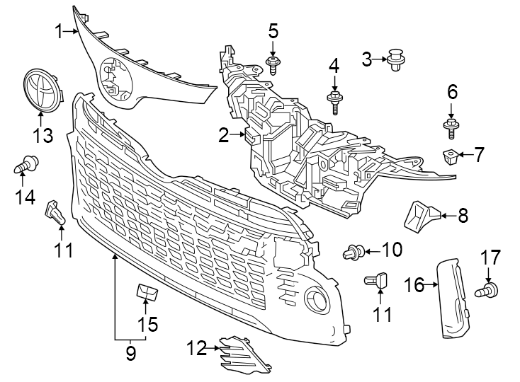 Diagram Front bumper & grille. Grille & components. for your Toyota