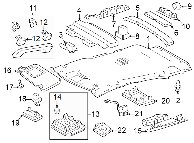 Diagram Roof. Interior trim. for your 2019 Toyota Tacoma 3.5L V6 M/T 4WD TRD Off-Road Crew Cab Pickup Fleetside 