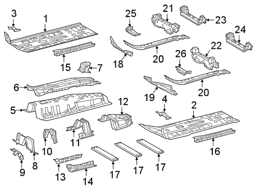 Diagram PILLARS. ROCKER & FLOOR. FLOOR & RAILS. for your 2021 Toyota Tundra   