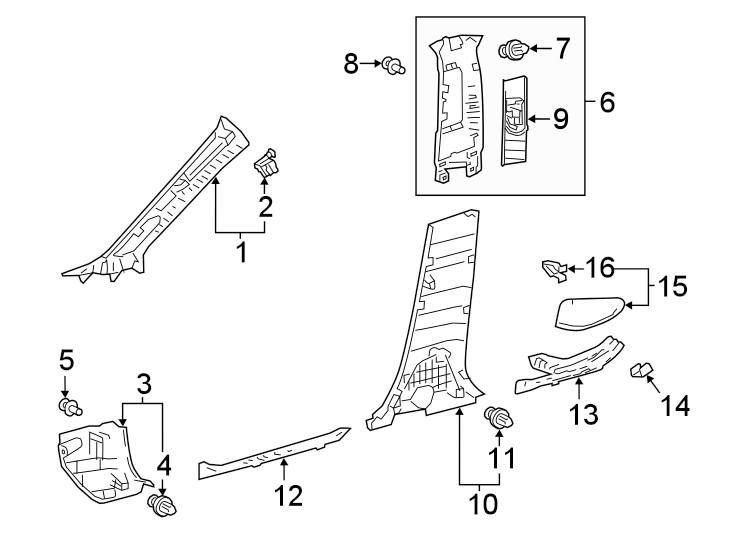 Diagram PILLARS. ROCKER & FLOOR. INTERIOR TRIM. for your 2018 Toyota Tundra 4.6L V8 A/T 4WD SR Extended Cab Pickup Fleetside 