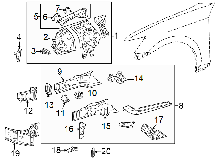 Full size assembly image of Fender. Structural components & rails. (1/1)