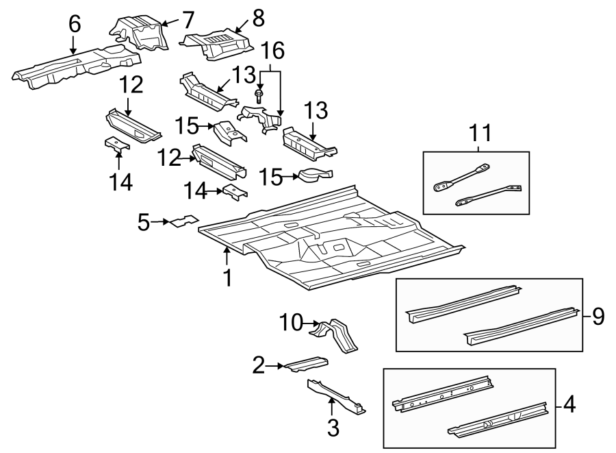 Full size assembly image of Pillars. Rocker & floor. Floor & rails. (1/1)