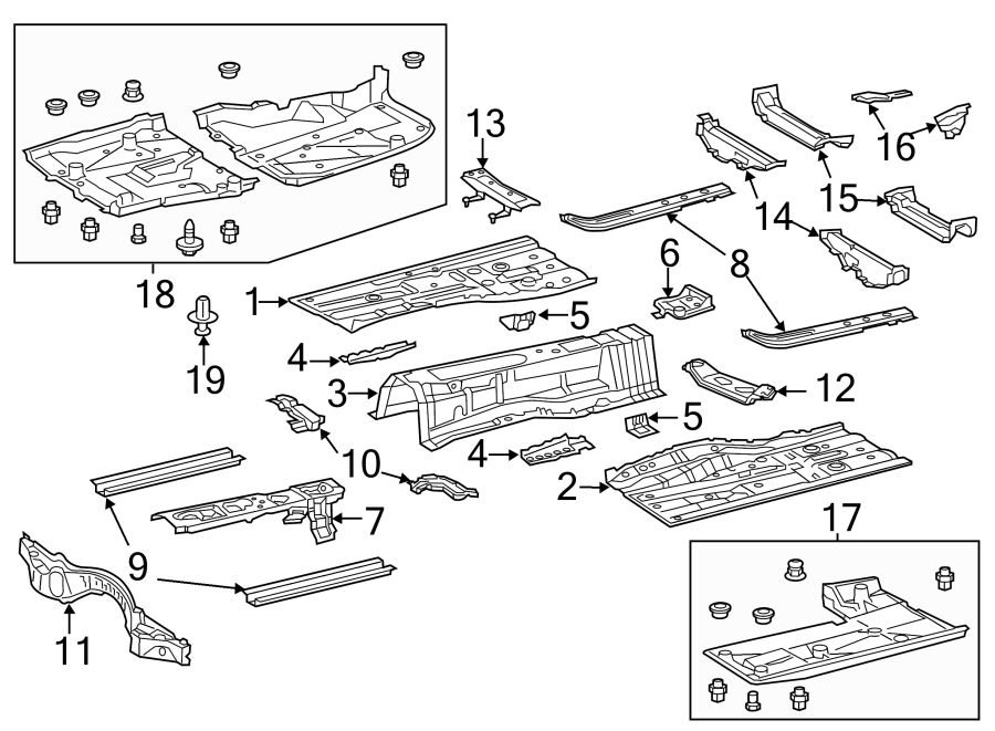 Full size assembly image of Pillars. Rocker & floor. Floor & rails. (1/1)