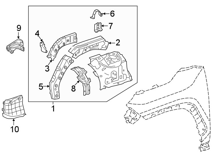 Full size assembly image of Fender. Structural components & rails. (1/1)