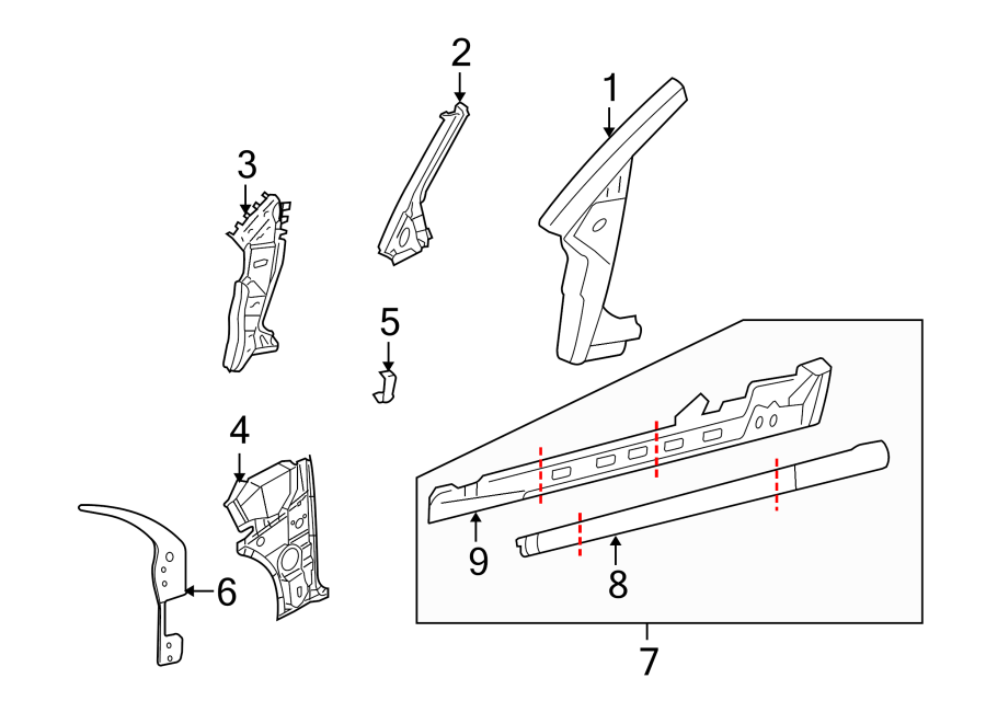 4PILLARS. ROCKER & FLOOR. HINGE PILLAR. ROCKER PANEL.https://images.simplepart.com/images/parts/motor/fullsize/9211380.png