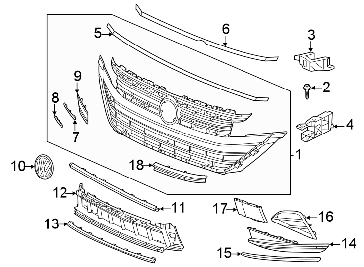 18Front bumper & grille. Grille & components.https://images.simplepart.com/images/parts/motor/fullsize/9219017.png