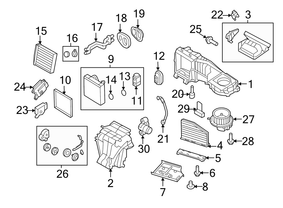 18Air conditioner & heater. Evaporator & heater components.https://images.simplepart.com/images/parts/motor/fullsize/9245105.png