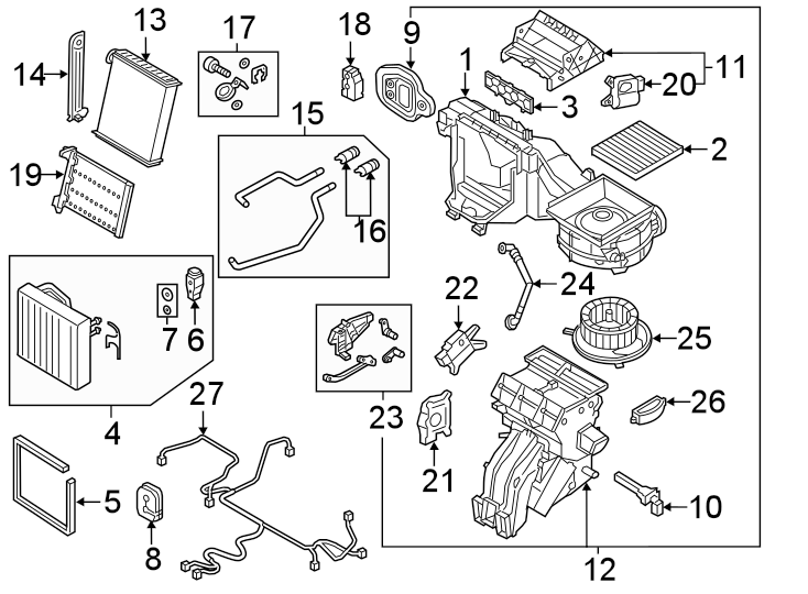 23Air conditioner & heater. Evaporator & heater components.https://images.simplepart.com/images/parts/motor/fullsize/9251110.png