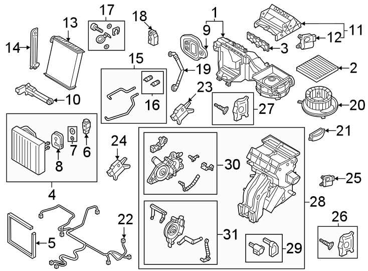 31Air conditioner & heater. Evaporator & heater components.https://images.simplepart.com/images/parts/motor/fullsize/9253095.png