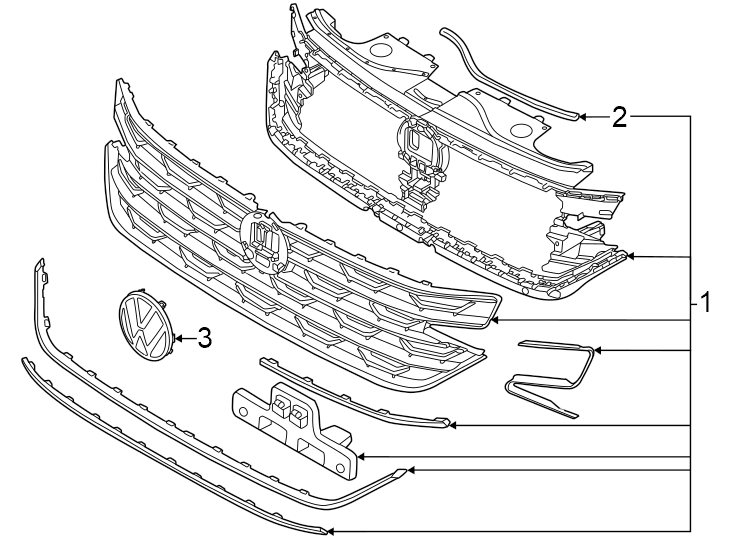 Full size assembly image of Front bumper & grille. Grille & components. (1/1)