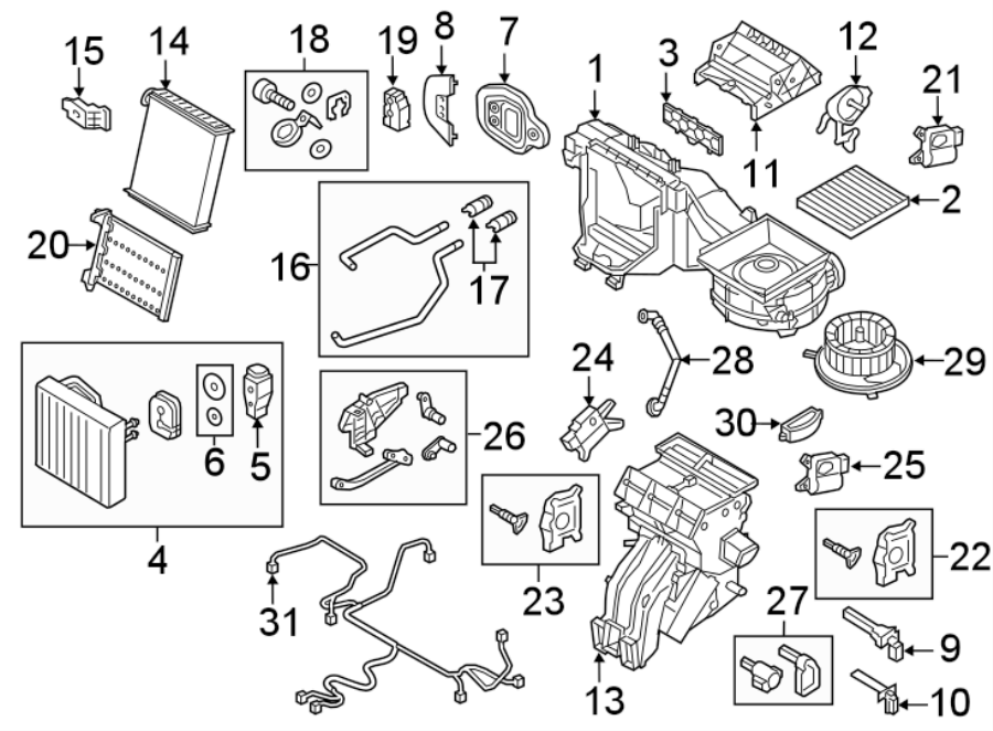 31Air conditioner & heater. Rear door. Evaporator & heater components.https://images.simplepart.com/images/parts/motor/fullsize/9273159.png