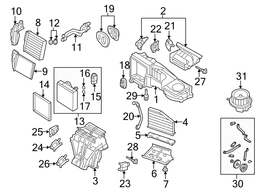 6Air conditioner & heater. Front door. Evaporator & heater components.https://images.simplepart.com/images/parts/motor/fullsize/9278090.png