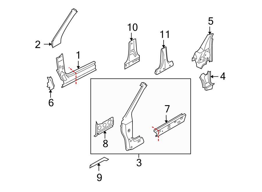 PILLARS. ROCKER & FLOOR. HINGE PILLAR. LOCK PILLAR.