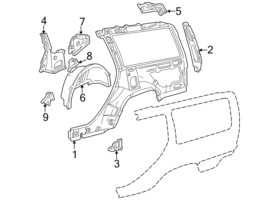 3Quarter panel. Inner structure.https://images.simplepart.com/images/parts/motor/fullsize/9711570.png